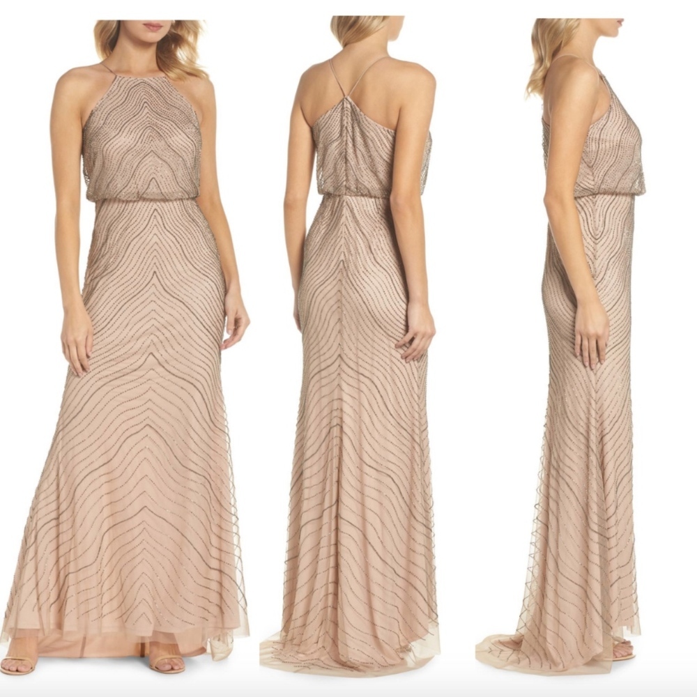 NWT Adrianna Papell Beaded‎ Blouson Halter Gown 10
